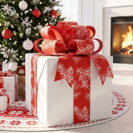 モダンな植物のモチーフを使ったクリスマスのレッドとホワイト グログランリボン