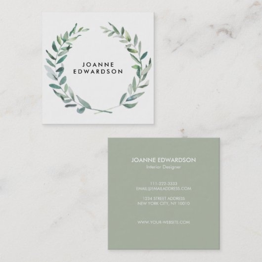 モダンな植物の水彩画の枝リース スクエア名刺 (正面/裏面)