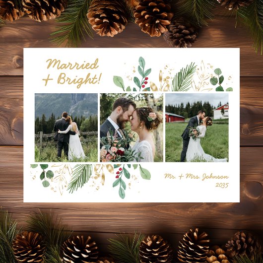 モダンな植物の緑 3枚の写真付き Married & Bright シーズンカード