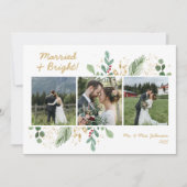モダンな植物の緑 3枚の写真付き Married & Bright シーズンカード (正面)