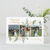 モダンな植物の緑 3枚の写真付き Married & Merry シーズンカード (スタンド正面)