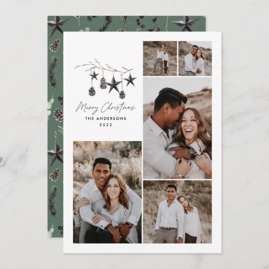 モダンな植物学のエレガントな緑と白のスタイリッシュ シーズンカード (正面/裏面)