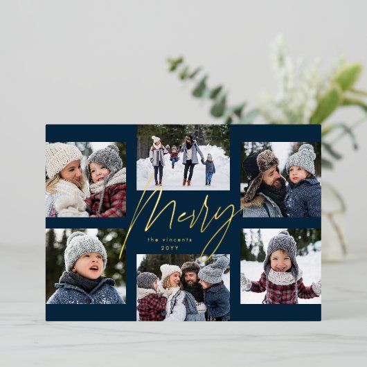 モダンな楽しいネイビーゴールド6枚写真クリスマスコラージュ 箔シーズンカード (立ち正面)