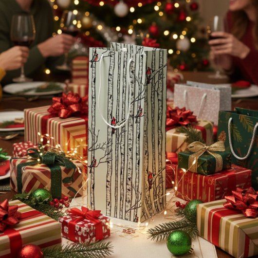 モダンな樺の木とルビー色のカーディナル鳥 ワインギフトバッグ