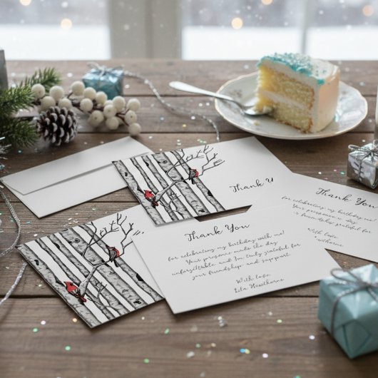 モダンな樺の木と赤い鳥の感謝カード ノートカード