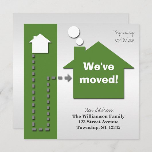 モダンな正方形のはっきりしたな緑の移動発表 案内状 (正面/裏面)