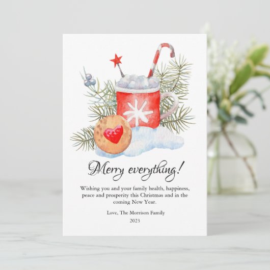 モダンな水彩のホットチョコレートのクリスマスフラットデザイン シーズンカード (スタンド正面)