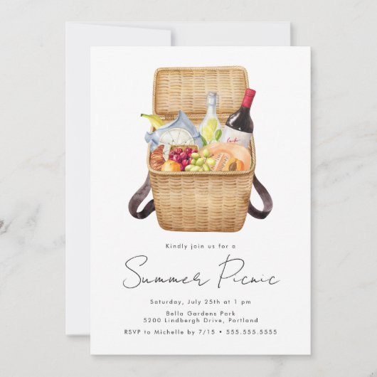 モダンな水彩の夏のピクニック 招待状 (正面)