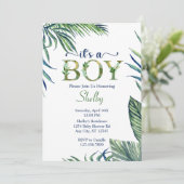 モダンな水彩の葉　男の子のベビーシャワー 招待状 (スタンド正面)