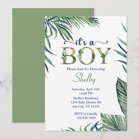 モダンな水彩の葉　男の子のベビーシャワー 招待状 (正面/裏面)