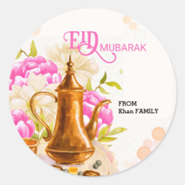 モダンな水彩イスラム風急須のEid mubarak ラウンドシール
