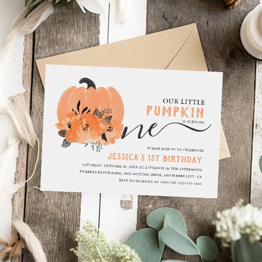 モダンな水彩オレンジのトンネル 秋の1歳の誕生日パーティー 招待状
