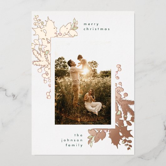 モダンな水彩クリスマスの花とローズゴールド 箔シーズンカード (正面)