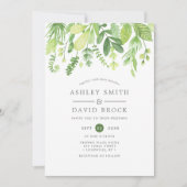 モダンな水彩グリーンと植物のブッタリカルウェディング 招待状 (正面)