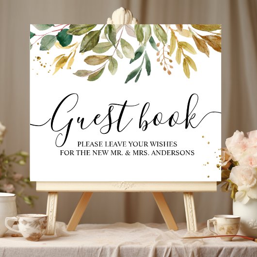 モダンな水彩グリーンの葉とゴールドのドロップス ポスター