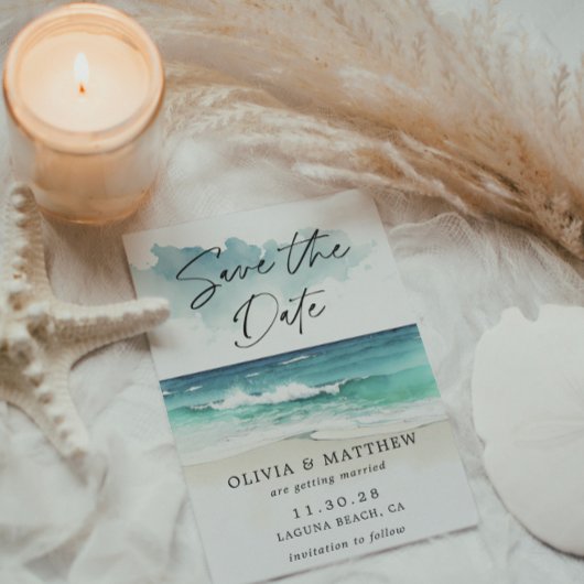 モダンな水彩スクリプト オーシャンビーチ QR コード セーブザデート