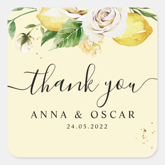 モダンな水彩パステルイエローレモンと葉 スクエアシール (正面)