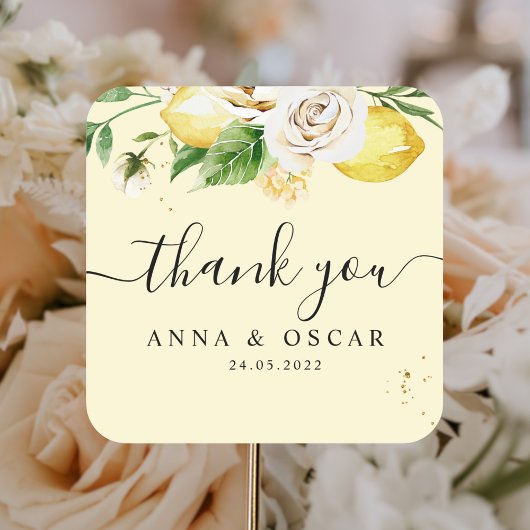 モダンな水彩パステルイエローレモンと葉 スクエアシール