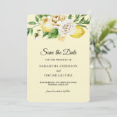 モダンな水彩パステルイエローレモンと葉 セーブザデート (スタンド正面)