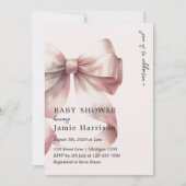 モダンな水彩ピンクの蝶結び ベビーシャワー招待状 招待状 (正面)