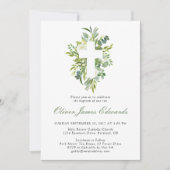 モダンな水彩フラワーのクロス セージグリーン 洗礼 招待状 (正面)