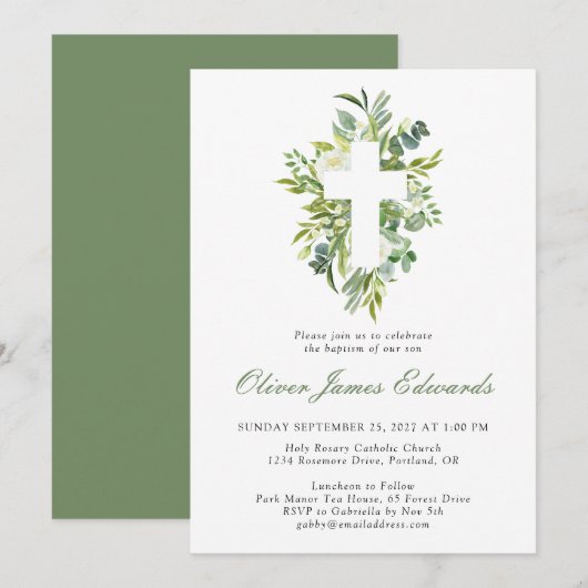 モダンな水彩フラワーのクロス セージグリーン 洗礼 招待状 (正面/裏面)