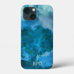 モダンな水彩モノグラムイニシャル 青緑 iPhone 13 MINIケース