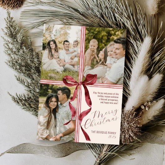 モダンな水彩リボン bow 3枚の写真のクリスマス シーズンカード