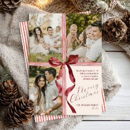 モダンな水彩リボン　 bow 　3枚の写真のクリスマス シーズンカード