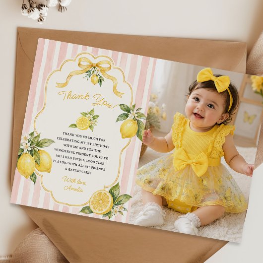 モダンな水彩レモンの1歳の誕生日写真 サンキューカード