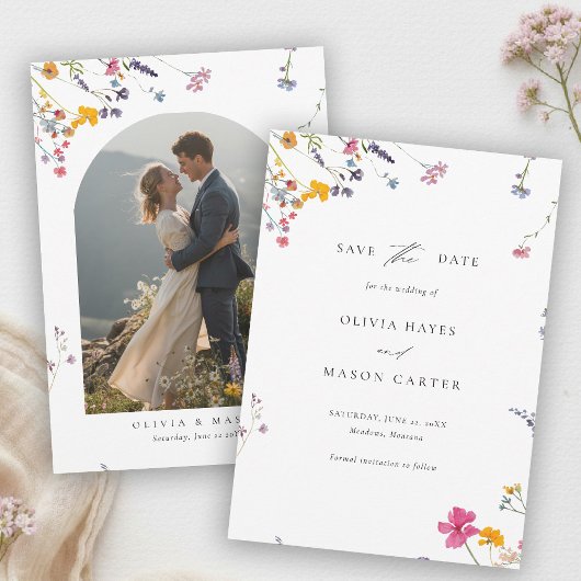 モダンな水彩写真の結婚式と野生の花の庭 セーブザデート