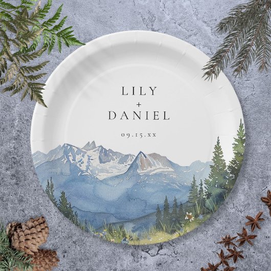 モダンな水彩山のワイルドフラワー結婚式 ペーパープレート