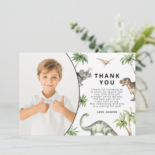 モダンな水彩恐竜の誕生日お礼カード 招待状 (スタンド正面)