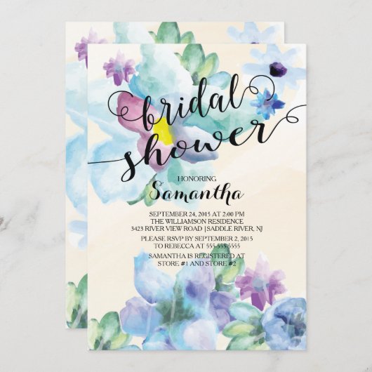 モダンな水彩画によってはブライダルシャワーの招待状が開花します 招待状 (正面/裏面)