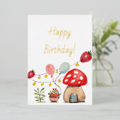 モダンな水彩画のきのこといちご 箔招待状 (立ち正面)