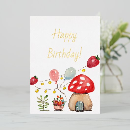 モダンな水彩画のきのこといちご 箔招待状 (立ち正面)