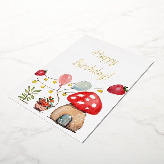 モダンな水彩画のきのこといちご 箔招待状 (回転した状態)