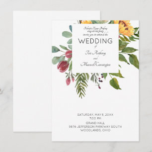 モダンな水彩画のひまわり両親ホワイトウェディング 招待状