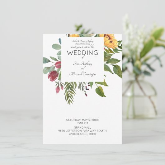 モダンな水彩画のひまわり両親ホワイトウェディング 招待状 (スタンド正面)