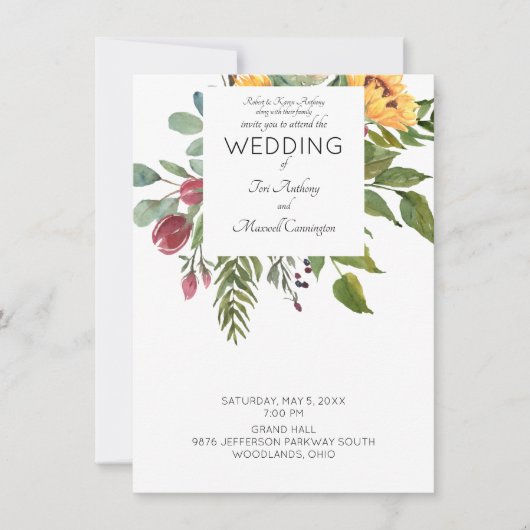 モダンな水彩画のひまわり両親ホワイトウェディング 招待状 (正面)