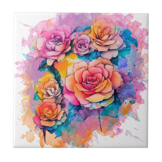 モダンな水彩画のぼかしバラの花束 タイル (正面)