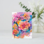 モダンな水彩画のぼかしバラの花束 ポストカード (スタンド正面)
