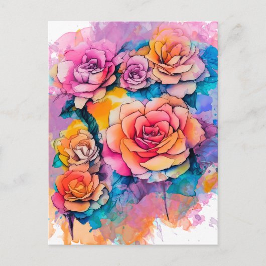 モダンな水彩画のぼかしバラの花束 ポストカード (正面)