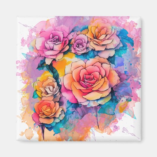 モダンな水彩画のぼかしバラの花束 マグネット (正面)