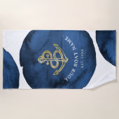 モダンな水彩画のアンカーに船名を追加 ネイビーブルー ビーチタオル (正面)