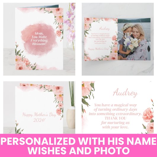 モダンな水彩画のエレガントなピンクの花の母の日 カード