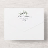 モダンな水彩画のオリーブの枝の葉 サーゲグリーン オールインワン招待状 (裏面)