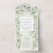 モダンな水彩画のオリーブの枝の葉　セージグリーン オールインワン招待状 (内側)