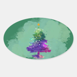 モダンな水彩画のクリスマスカラフルパインツリー 楕円形シール