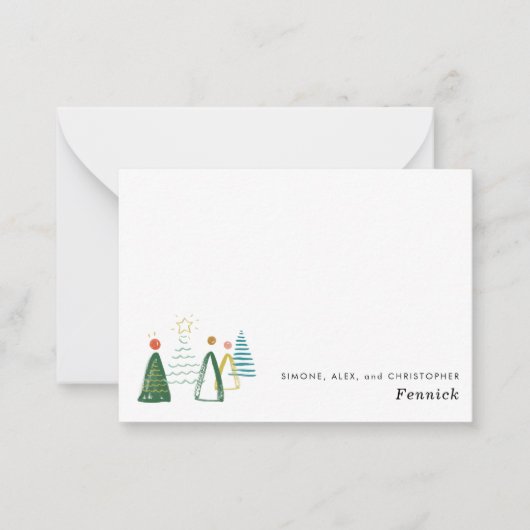 モダンな水彩画のクリスマスツリーのホリデー ノートカード (正面)